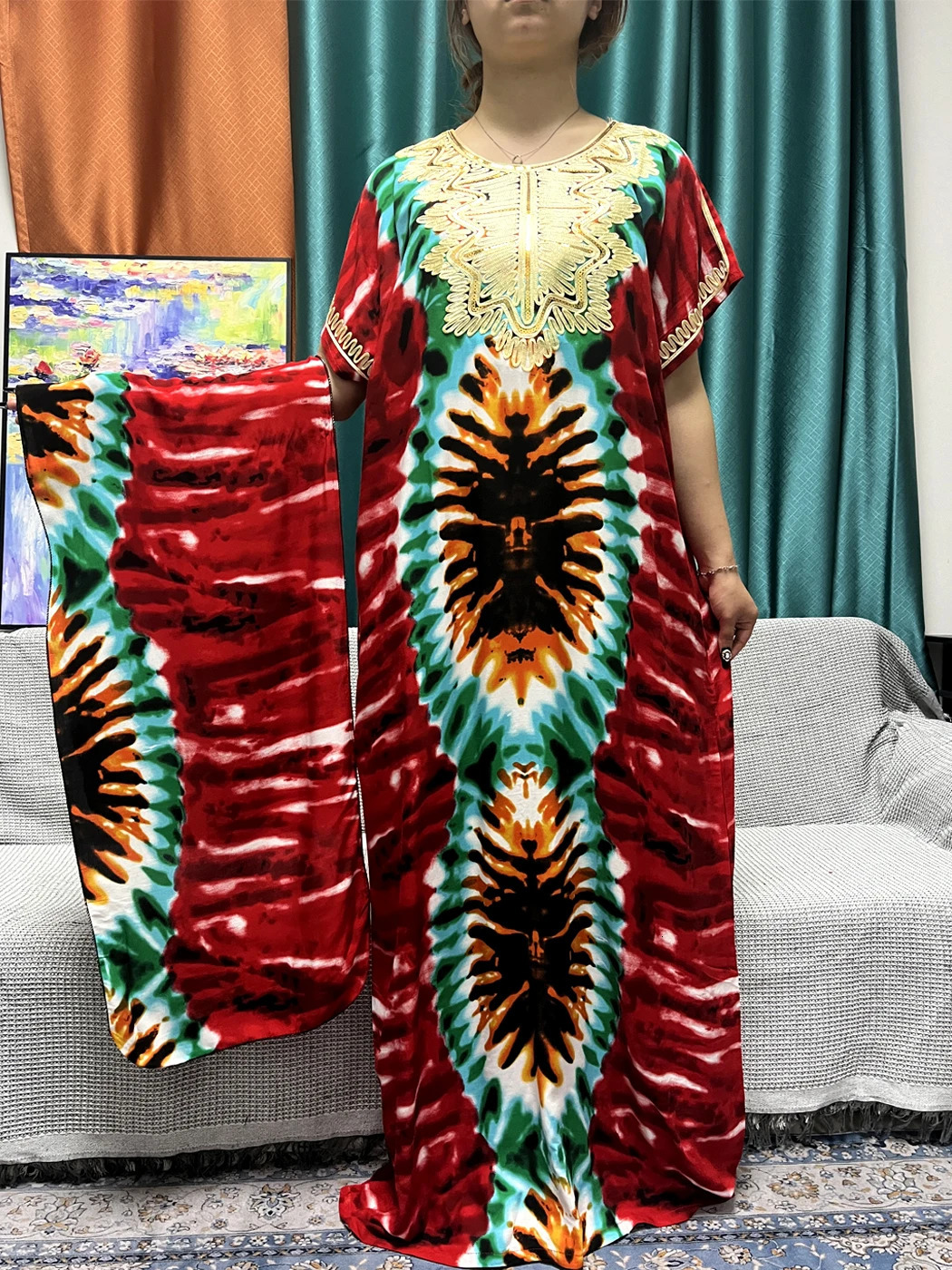 Muslim Printed Abayas For Women Dubai Cotton Short SLeeves Appliques Loose Femme Robe African Islam Dresses With Hijabs 240529