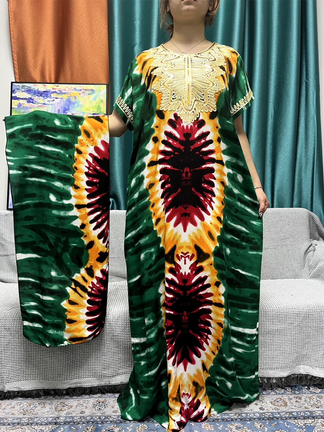 Muslim Printed Abayas For Women Dubai Cotton Short SLeeves Appliques Loose Femme Robe African Islam Dresses With Hijabs 240529