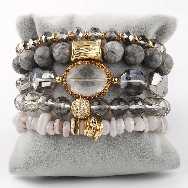 Fashion Bohemia Jewelry Natural Stone Beaded and Crystal Charm 5pc Stack Bracelets Set For Women Gift 240603