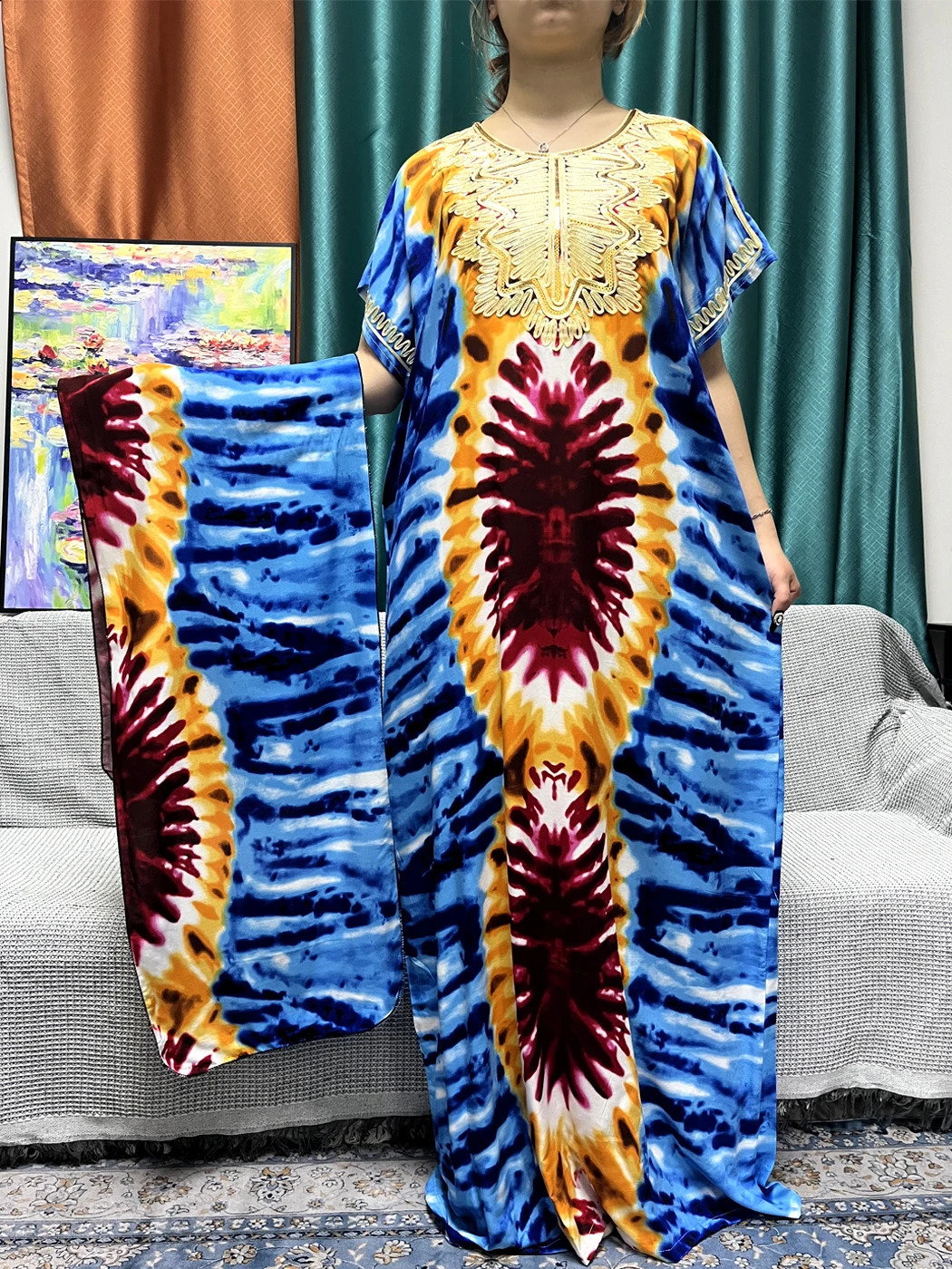 Muslim Printed Abayas For Women Dubai Cotton Short SLeeves Appliques Loose Femme Robe African Islam Dresses With Hijabs 240529