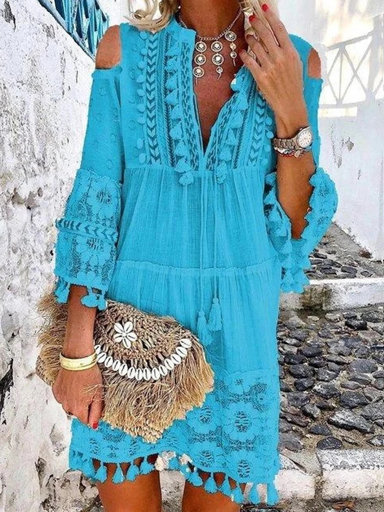 Spring Embroidery Crochet Lace Boho Dress Women Elegant Off Shoulder Tassel Ruffle Mini Dress Summer V Neck Lady Beach Dress 240529
