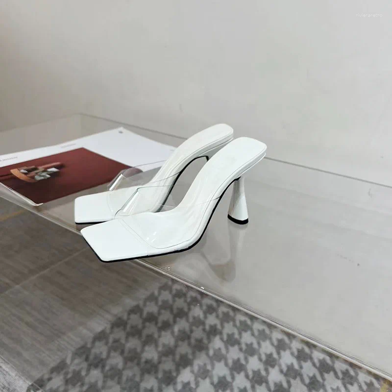 Casual Shoes Summer Fashion Design PVC Transparent Women Slipper Square Toe High Heel Ladies Dress Party Mules Slides