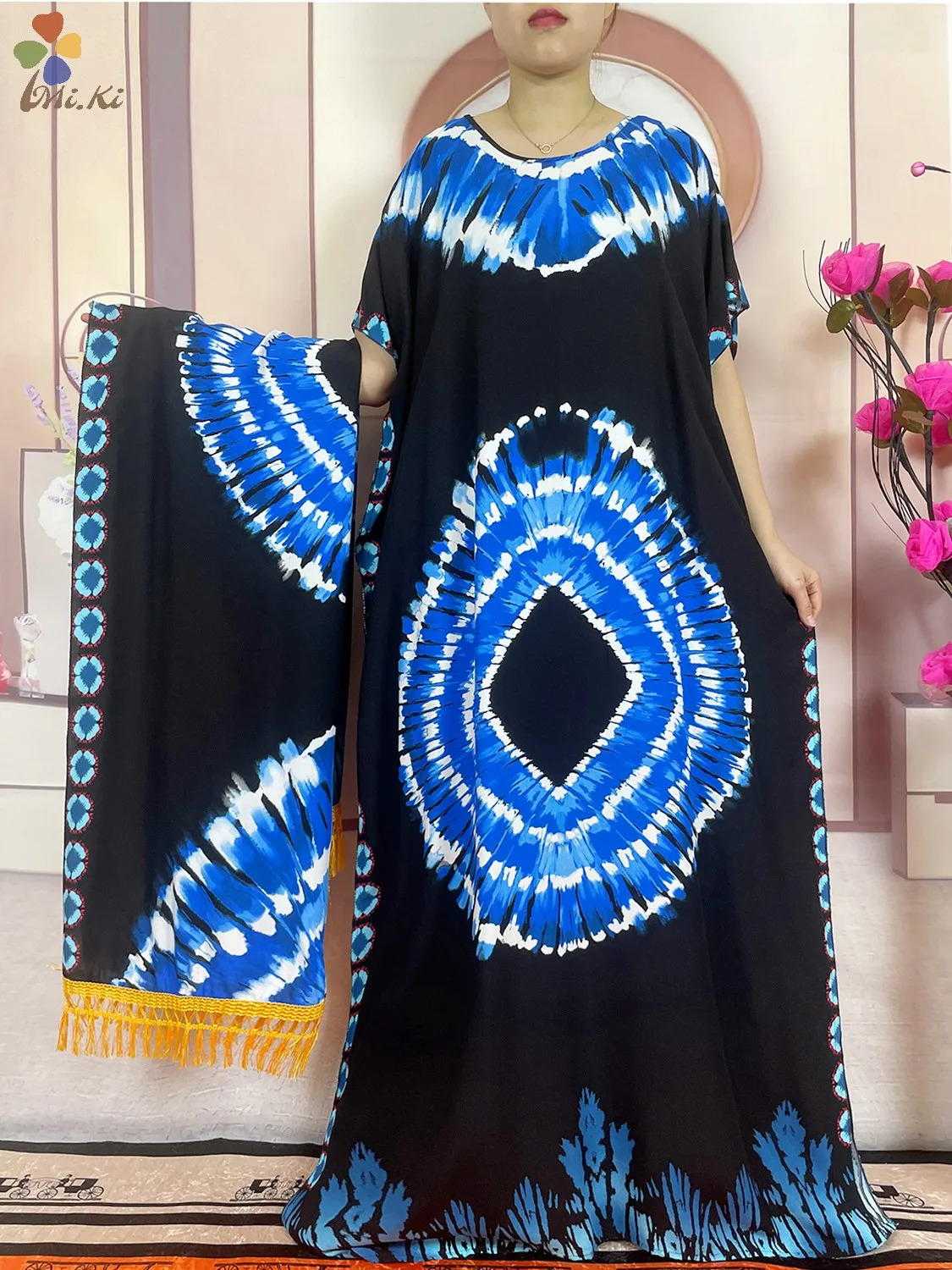 Summer African Women Party Robe Tie Dyed Print Loose Cotton Large Size Scarf Dress Kaftan Dress Islamic Short sleeved Clothing 240529