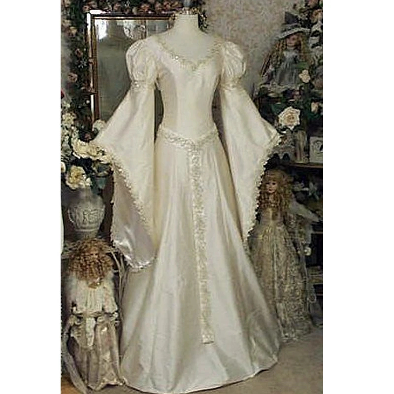 Medieval Renaissance A-Line Wedding Dresses Bell Long Sleeves V-Neck Ivory Satin Bridal Gowns Gold Lace Appliqued Vintage Victorian Vestido De Novia F