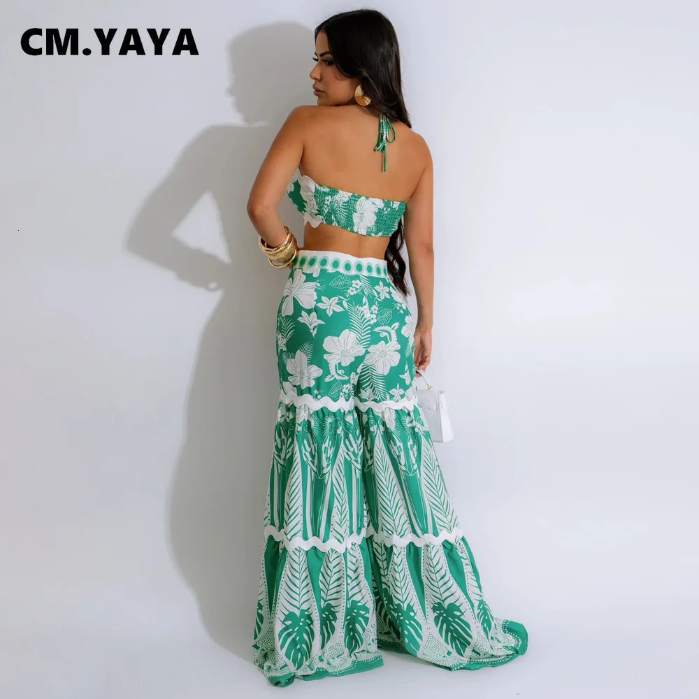 CM.YAYA Floral Print Womens Set Halter Strapless Top and Wide Leg Pants Summer Two 2 Piece Set Beach Holiday Outfits Tracksuit 240531