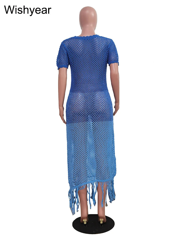 Gradient Women Sexy Crochet Knitted Tassel Cover-ups Beach Dress Hollow Out Sheer Long Female Summer Pink Swimwear Club Vestidos 240530