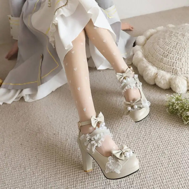 ASILETO Ladies Pumps Round Toe Ultrahigh Heels 9cm Platform 2cm Buckle Strap Bowknot Beads Sweet Lolita Shoes Plus Size 45 45 240607