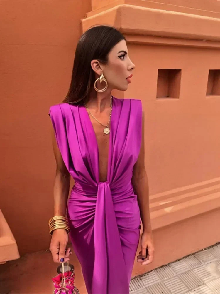 Chic Shoulder Pad Pleated Midi Dress Women Elegant Deep V-neck Sleeveless Split Slim Dresses Summer Lady Evening Party Robe 240601