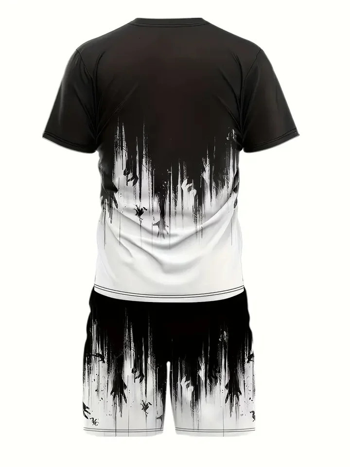 Summer Black And White Tracksuit Short Sleeve T Shirt Set Men Sport Suit Casual 2 Piece Outfits Male Sportwear Clothes For Men 240530
