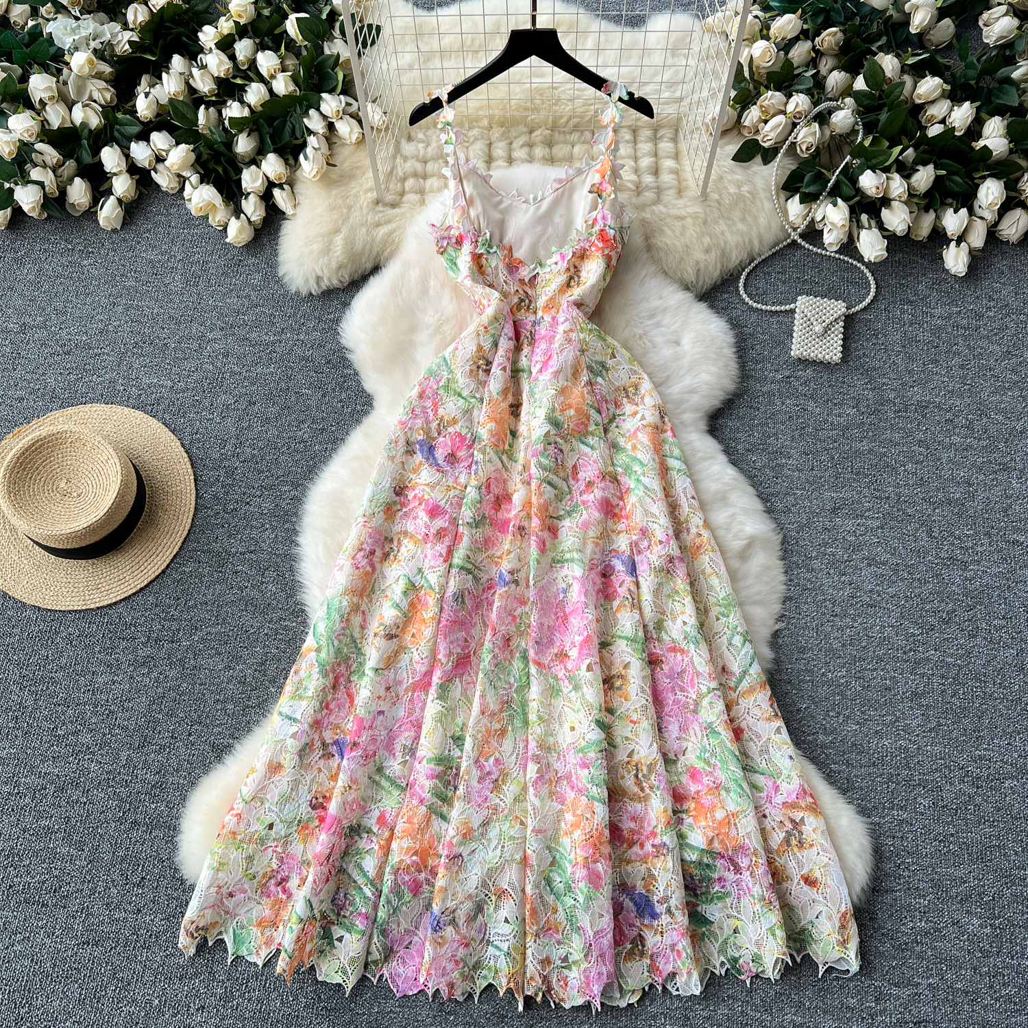 Basic Casual Dresses Summer Bohemain Crochet Hollow Out Embroidery Lace Long Dress Womens V-Neck Spaghetti Strap Printed Backless Party Vestidos
