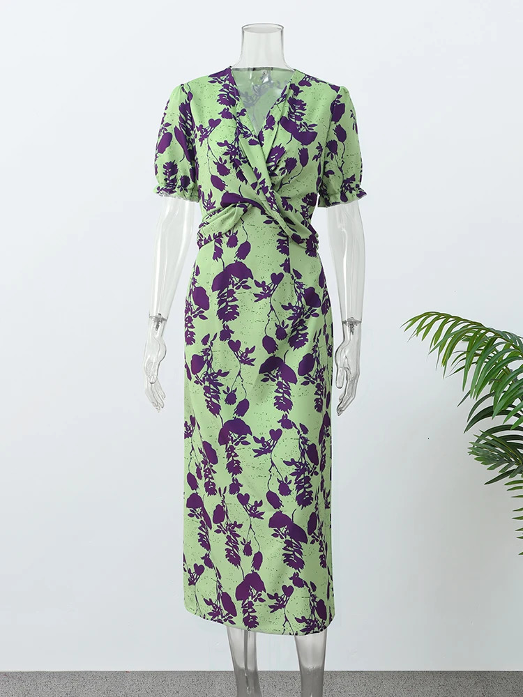 Vintage Print Twisted Midi Dress For Women Sexy Deep V-neck Puff Short Sleeve Slim Robes Chic Lady Casual Vacation Vestidos 240601