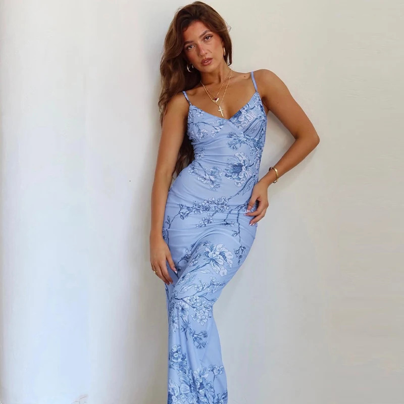 Womens Summer Ins Style Sexy Elegant Backless V-neck Print Spaghetti Strap Bodycon Long Maxi Dress Party Evening 240529