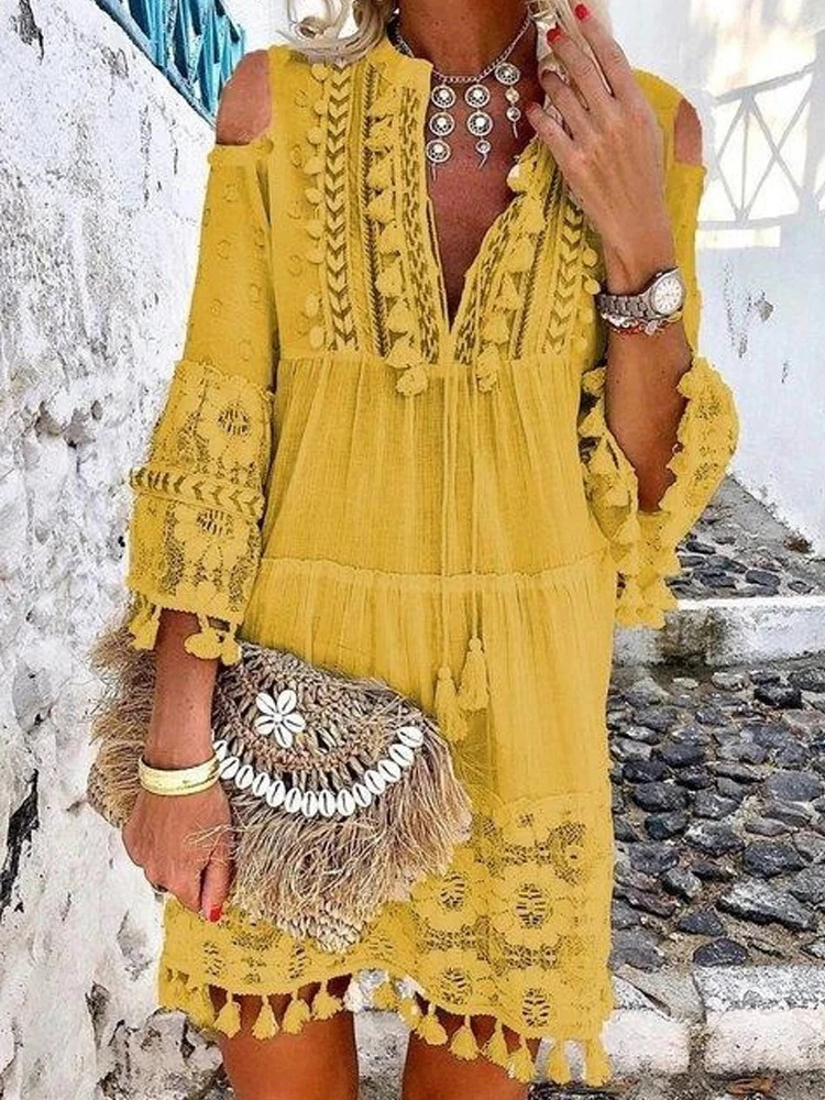 Spring Embroidery Crochet Lace Boho Dress Women Elegant Off Shoulder Tassel Ruffle Mini Dress Summer V Neck Lady Beach Dress 240529