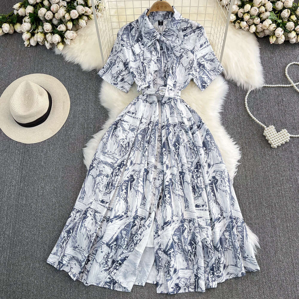 High quality short sleeved lapel with waistband and slim single breasted A-line printed shirt dress elegant large hem long skirt