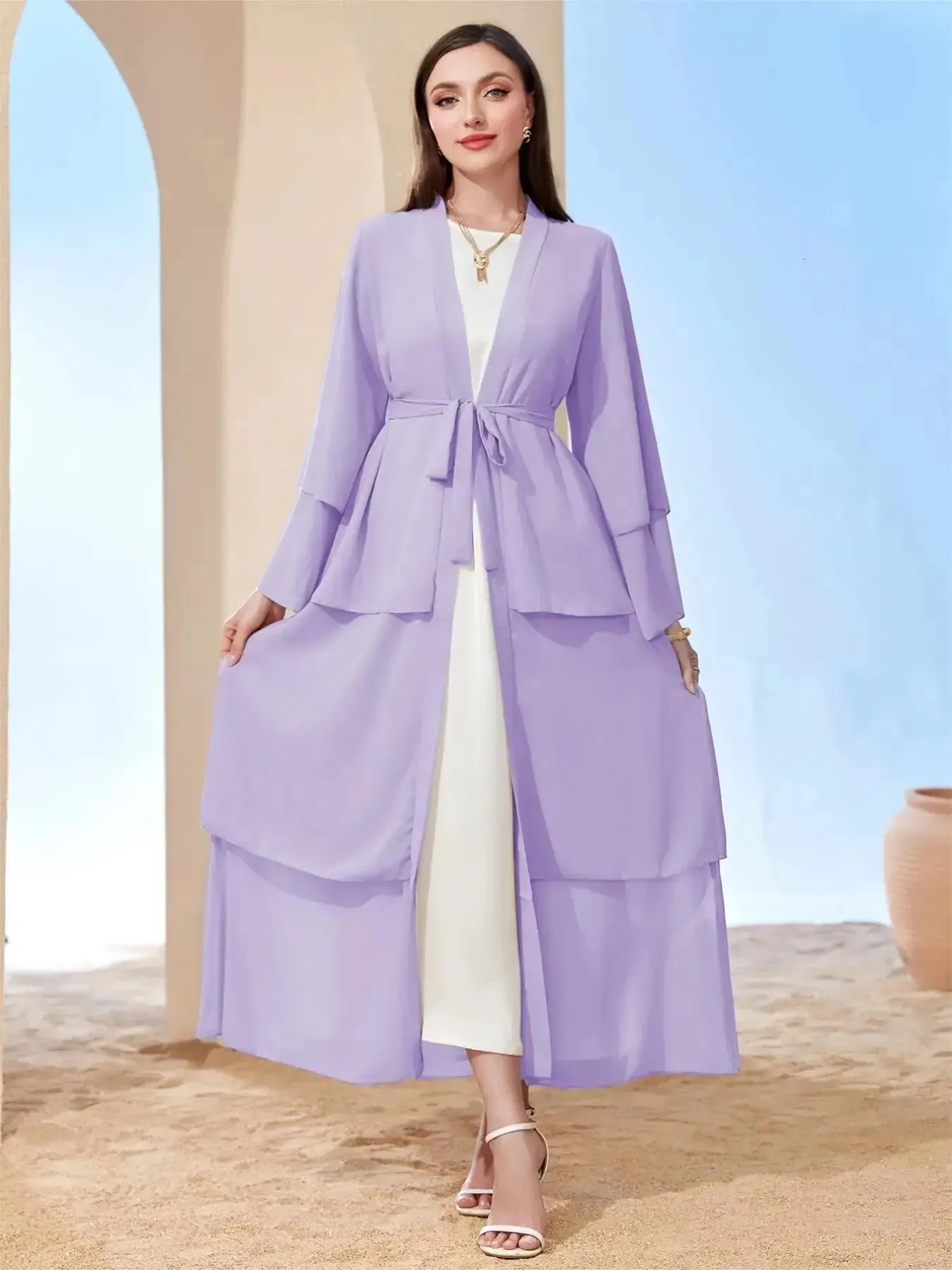 Middle East Classic Islamic Three-Layer Chiffon Cardigan Robe Dress without Headscarf 240529