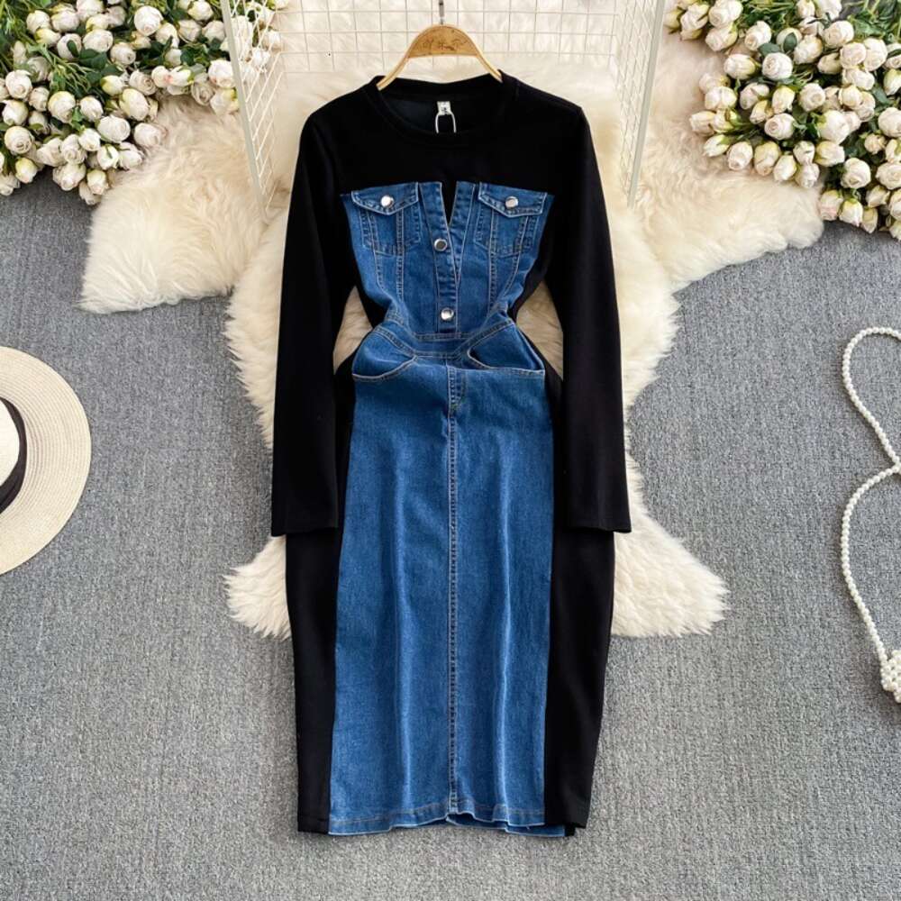 Autumn and Winter Korean Edition Fake Two Piece Contrast Color Long Sleeve Round Neck Panel Denim Waist Slim Mid length Wrap Hip Dress