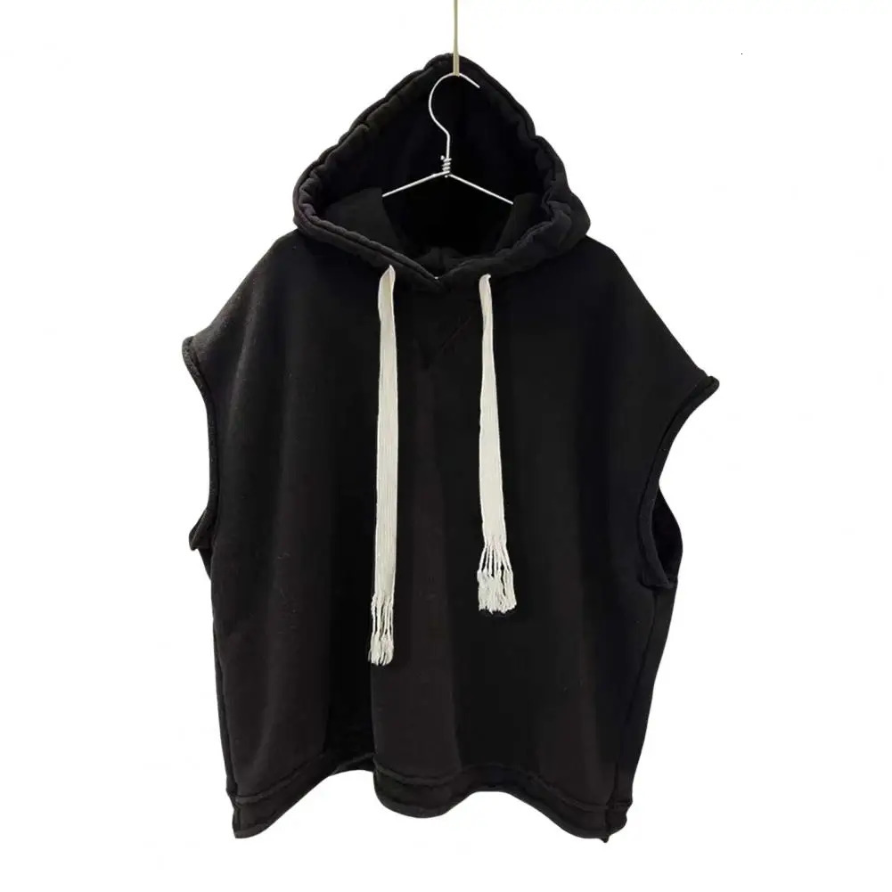 Hooded Drawstring Summer Men Tshirt Loose Solid Color Curled Edge Hip Hop Sleeveless Casual Pullover Tank Top Sports Hoodie 240601