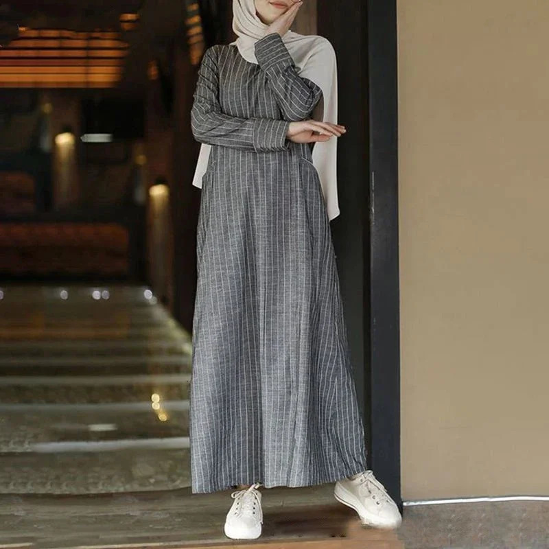 Female Muslim Long-sleeved Robe Cotton and Linen Striped Round Tie Pocket Long Skirt Casual Loose Street Womens Dress 240529