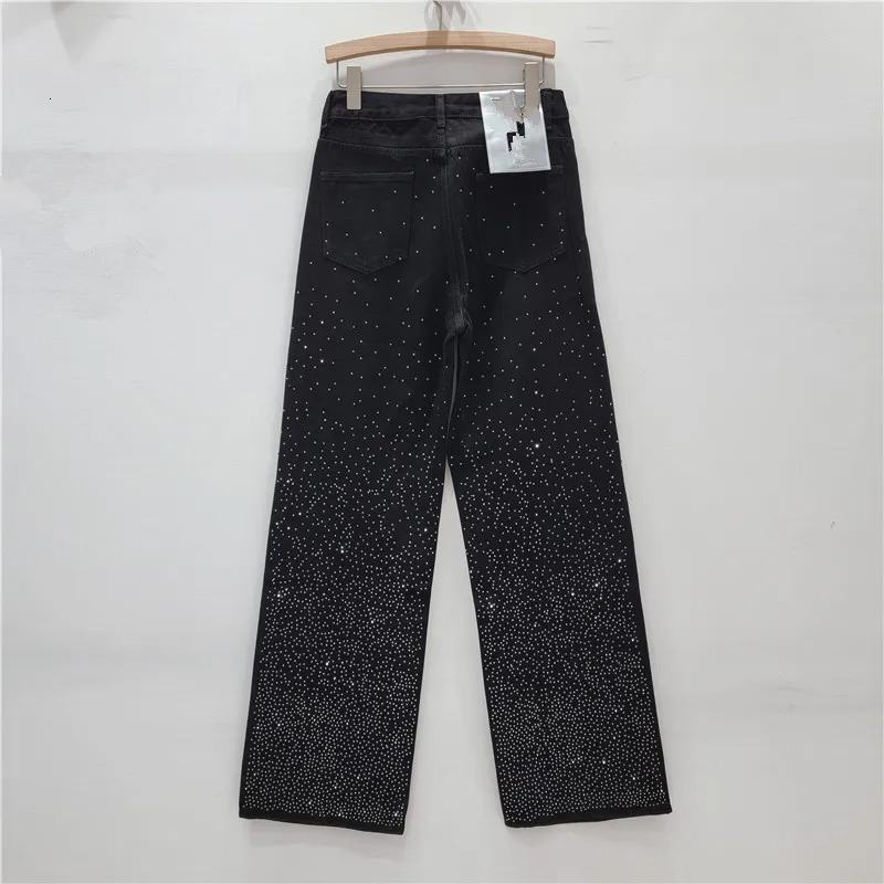Rhinestone Black High Waist Jeans for Women Spring Autumn Loose AllMatching Straight Wide Leg Casual Mopping Pants 240601