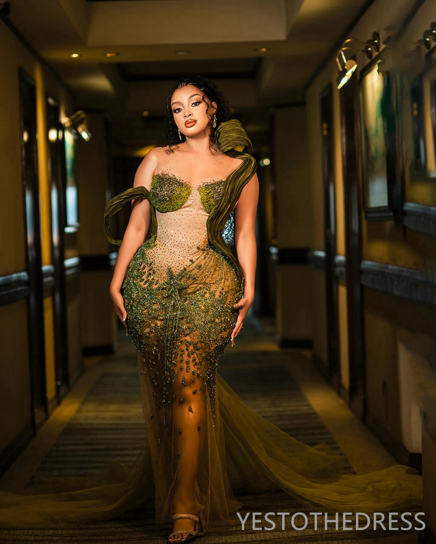 R&W 2024 Green Plus Size Prom for Special Ocns Sheer Neck Mermaid Illusion Promdress Evening Dresses Elegant Birthday Dress Second Reception Gowns AM1