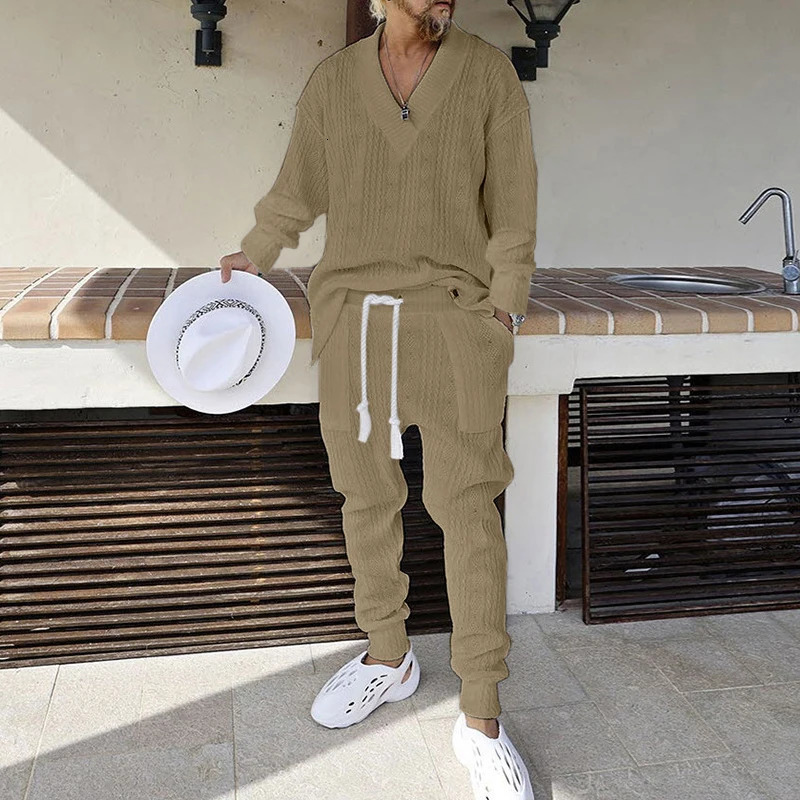 Spring Mens Knitted Two Piece Sets Casual Solid Color V Neck Sweater And Pants Knitting Outfits For Men Knitwear Streetwear 240530