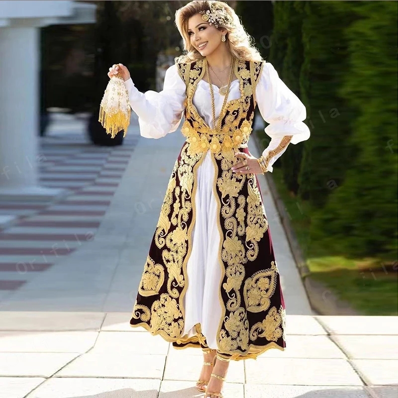 2024 Traditional Kosovo Albanian Evening Dress with jacket outfit burgundy gold lace detail ankle-length Serbian prom gowns