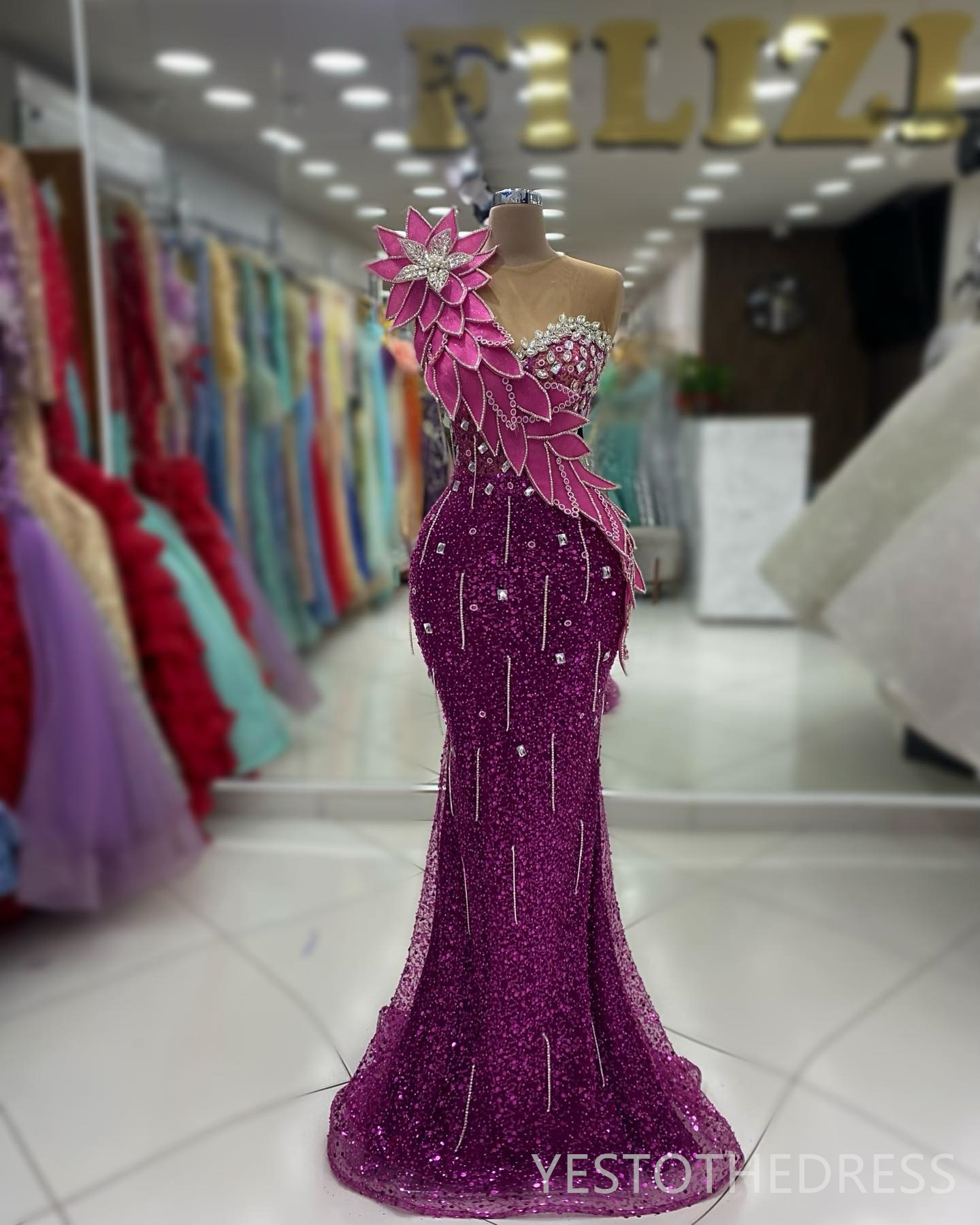 2024 Fuchsia Prom Dress Mermaid Promdress Sequined Lace Sheer Neck Beading Rhinestones Decorated Birthday Dress Vestido De Sorrie Second Reception Gow