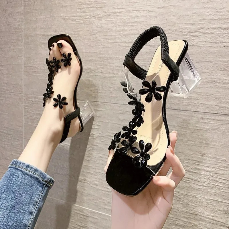 Summer Women Sandals Pvc Crystal Flower Decoration Chunky Heel Peep Toe Back Strap Elastic Band Elegant Fashion Shoes Ladies 240528