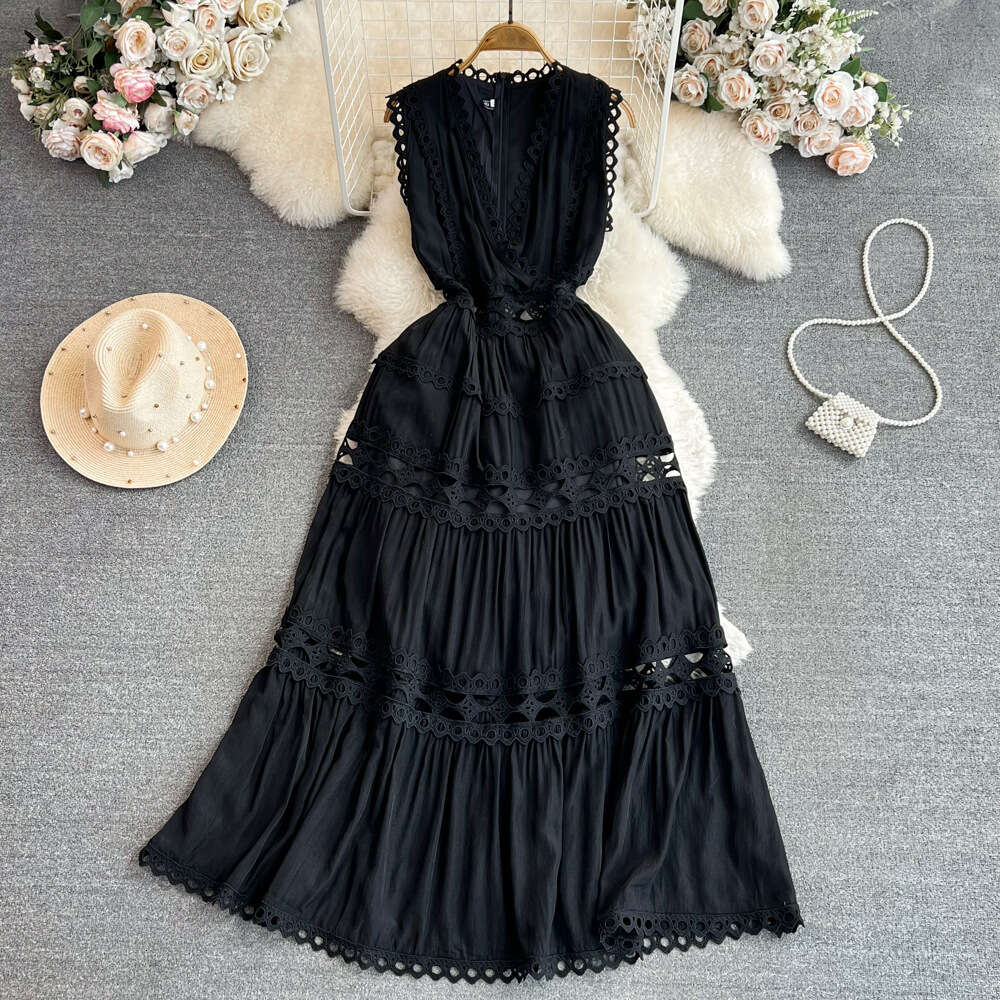 24ss Summer French Palace Style Hollow out Sexy Embroidery V-Neck Waistless Sleeveless Ruffle Edge Long Dress