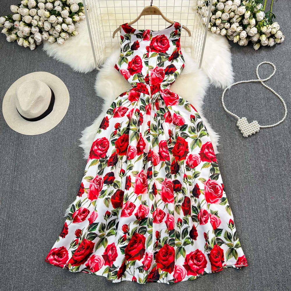 Light and mature style round neck sleeveless three-dimensional cutting waistband slim A-line printed dress elegant long skirt