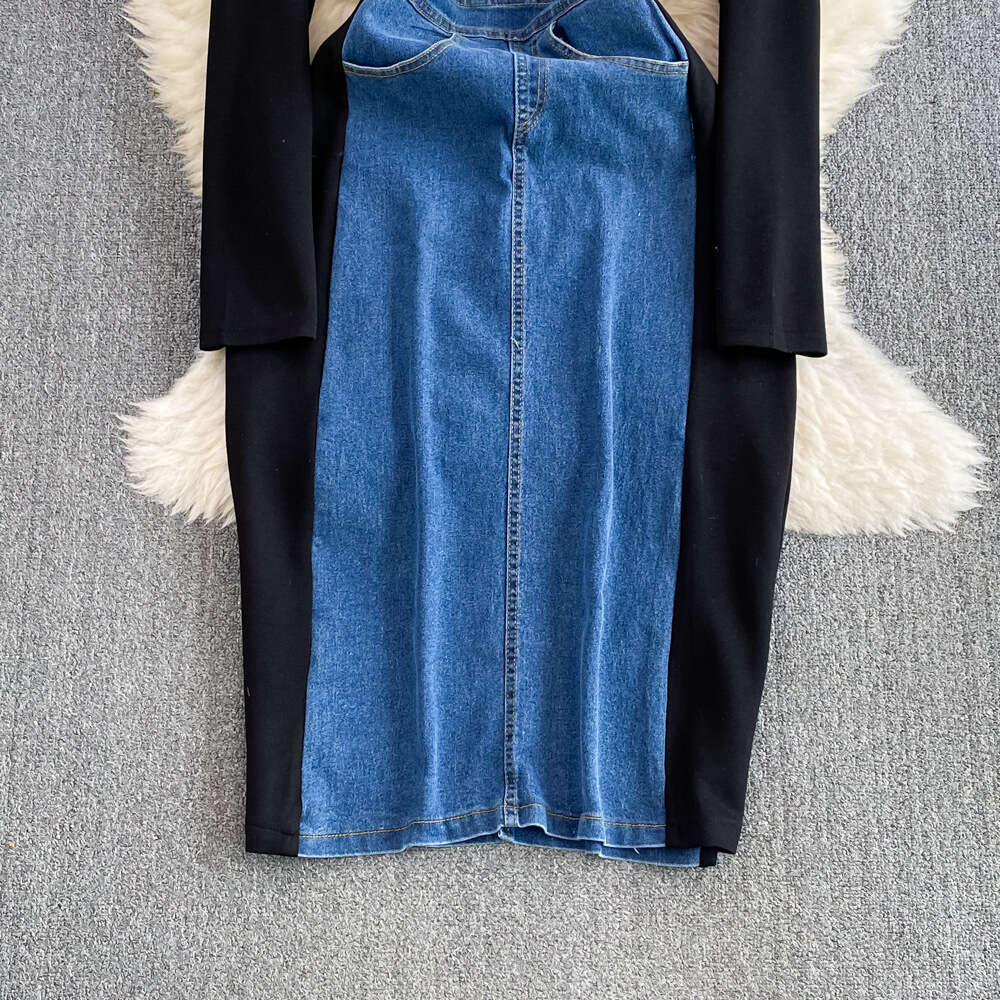 Autumn and Winter Korean Edition Fake Two Piece Contrast Color Long Sleeve Round Neck Panel Denim Waist Slim Mid length Wrap Hip Dress