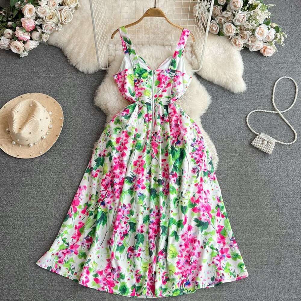 High end and socialite temperament strapless long dress with gentle style waist tightening and slimming effect A-line printed chiffon dress for summer