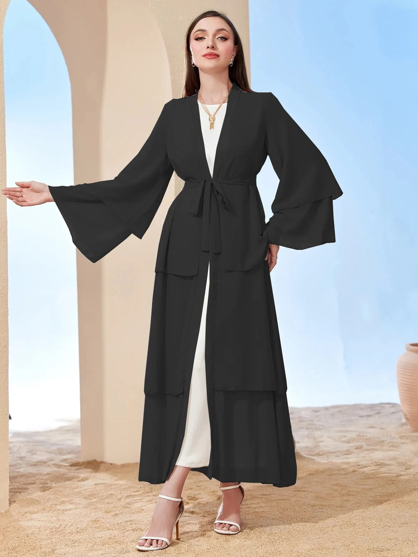 Middle East Classic Islamic Three-Layer Chiffon Cardigan Robe Dress without Headscarf 240529