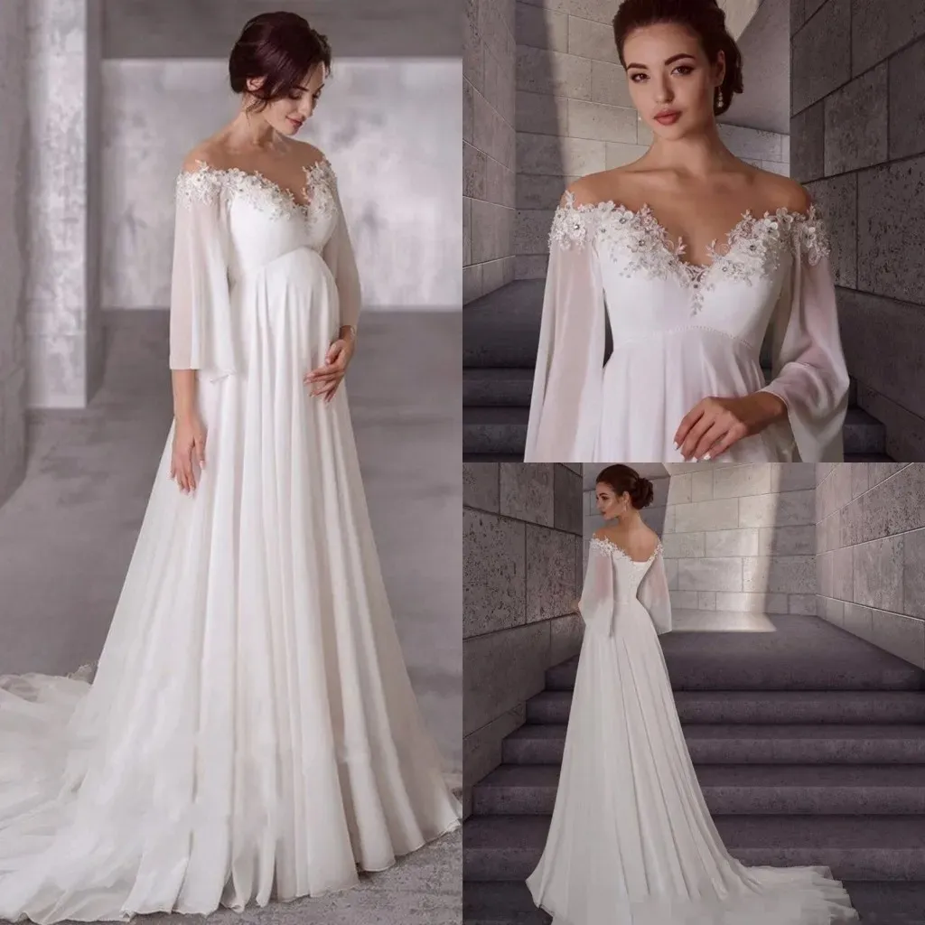 Maternity Chiffon A Line Wedding Dress 2024 Sheer Mesh Top Long Sleeves Empire Pregnant Bride Gowns Elegant Simple Robe De Mariage 0612