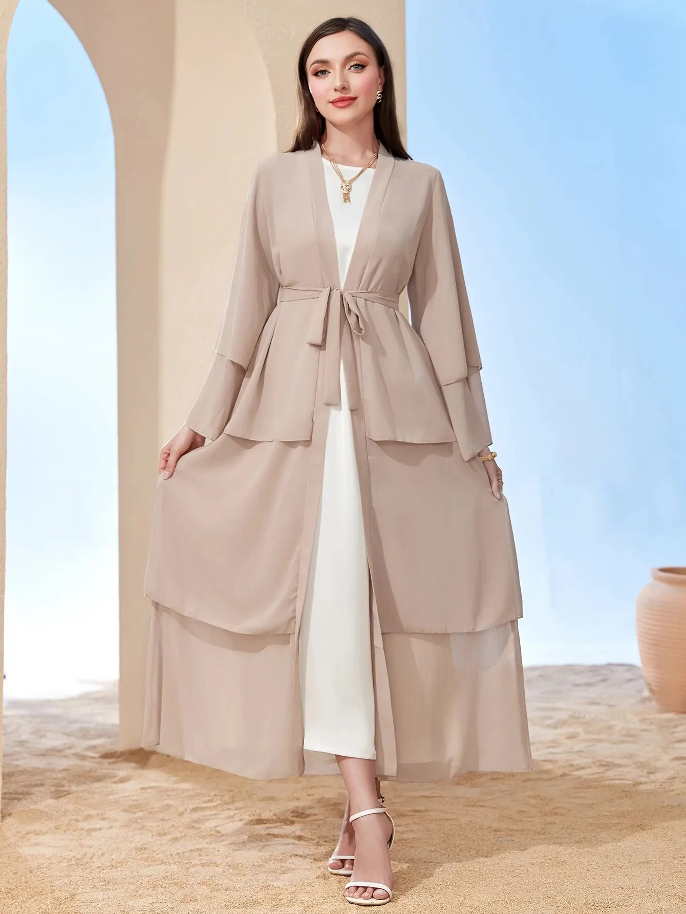 Middle East Classic Islamic Three-Layer Chiffon Cardigan Robe Dress without Headscarf 240529