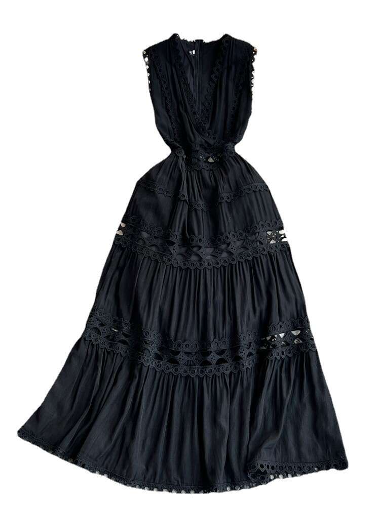 24ss Summer French Palace Style Hollow out Sexy Embroidery V-Neck Waistless Sleeveless Ruffle Edge Long Dress