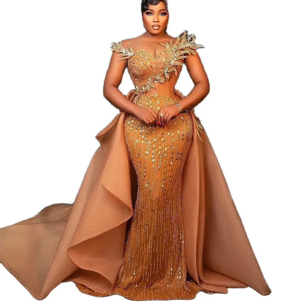 African Dubai Exquisite Evening Dresses Shiny Sleeveless Mermaid Prom Dress Detachable Train Beading Crystal Formal Party Gowns 0618
