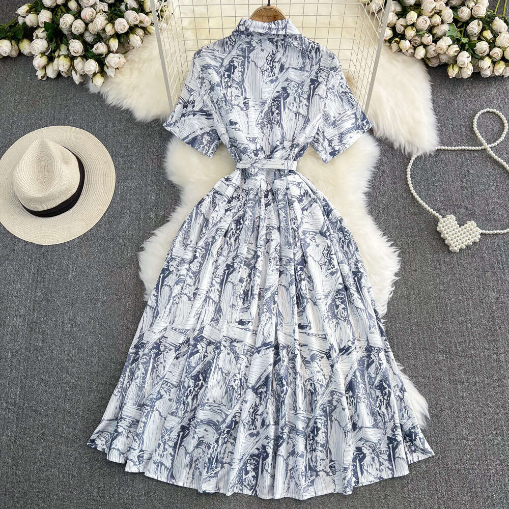 High quality short sleeved lapel with waistband and slim single breasted A-line printed shirt dress elegant large hem long skirt