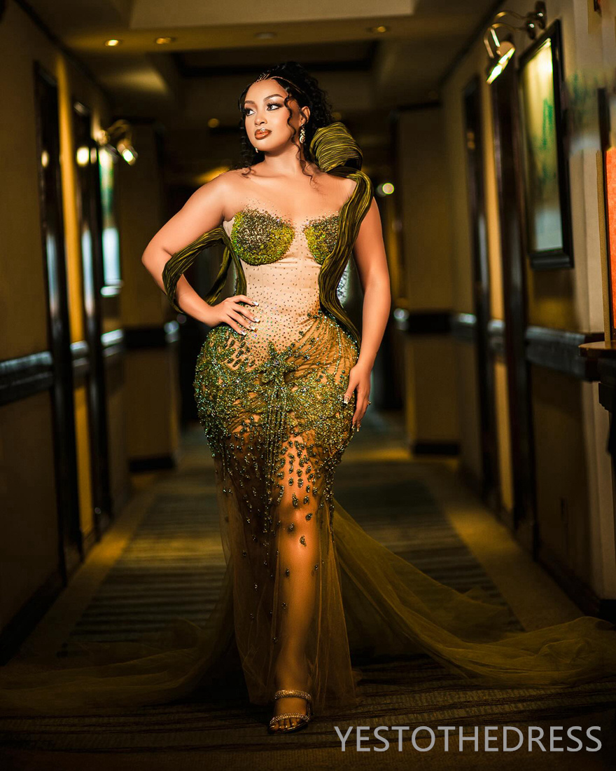 R&W 2024 Green Plus Size Prom for Special Ocns Sheer Neck Mermaid Illusion Promdress Evening Dresses Elegant Birthday Dress Second Reception Gowns AM1