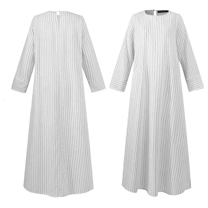 Female Muslim Long-sleeved Robe Cotton and Linen Striped Round Tie Pocket Long Skirt Casual Loose Street Womens Dress 240529