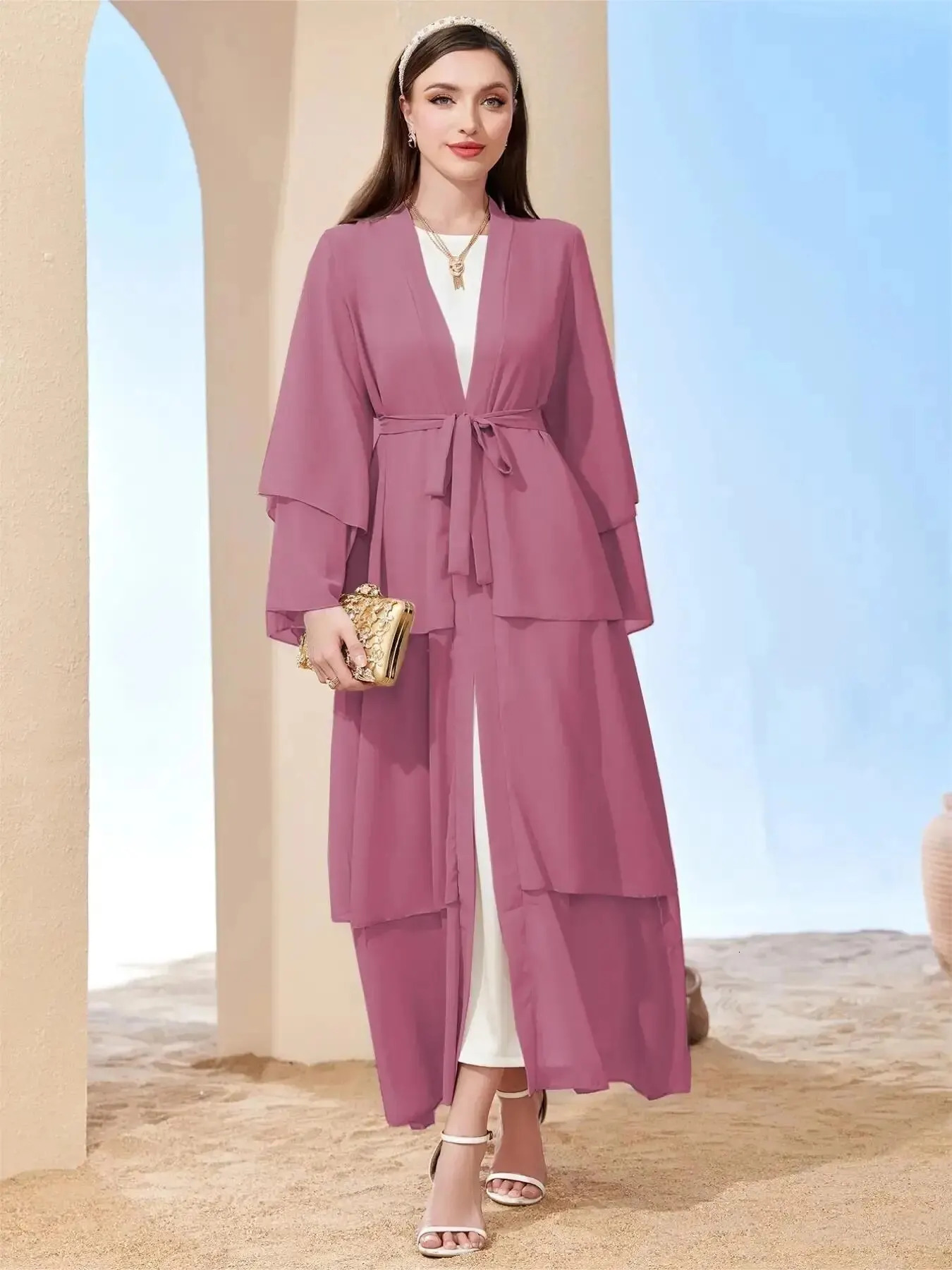 Middle East Classic Islamic Three-Layer Chiffon Cardigan Robe Dress without Headscarf 240529