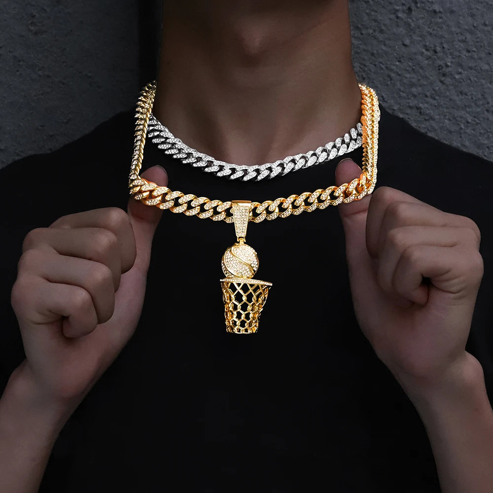 Fashion Hip Hop Cuban link Chain Pendant Necklace Basketball Frame Necklaces For Men Boy Long Chain Necklace Jewellery Gift 240531