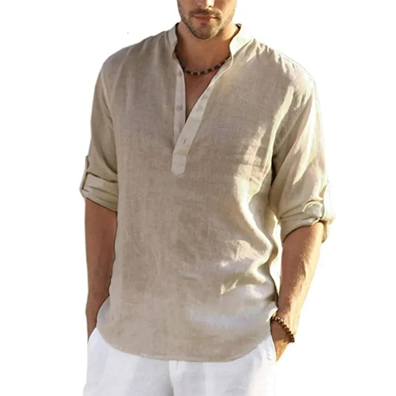 Mens Linen Long Sleeve Breathable Shirt Solid Color Casual Basic Cotton Linen Shirt Tops Hemp Shirt for Men Tee 240530