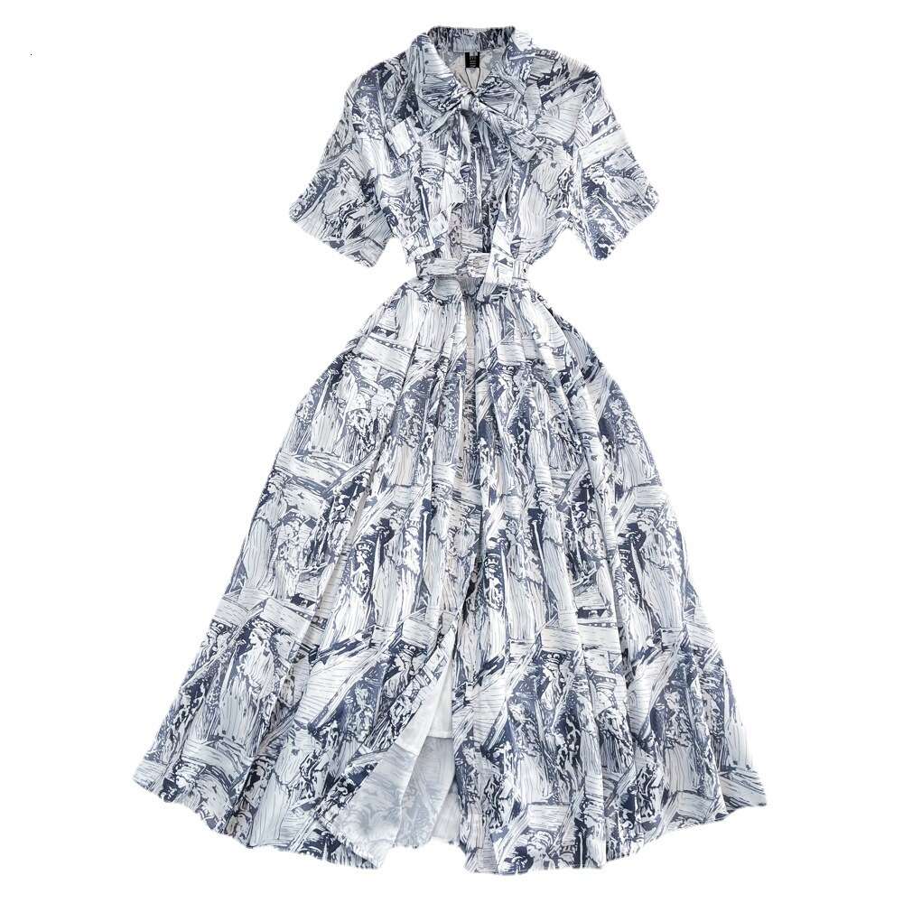 High quality short sleeved lapel with waistband and slim single breasted A-line printed shirt dress elegant large hem long skirt