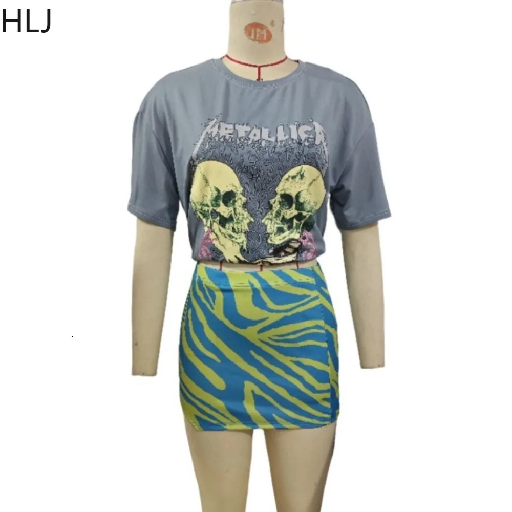 HLJ Fashion Y2K Streetwear Women Pattern Print Round Neck Short Sleeve Tshirt And Mini Skirts Two Piece Sets Summer 2pcs Outfits 240601