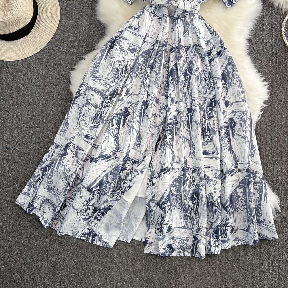 High quality short sleeved lapel with waistband and slim single breasted A-line printed shirt dress elegant large hem long skirt