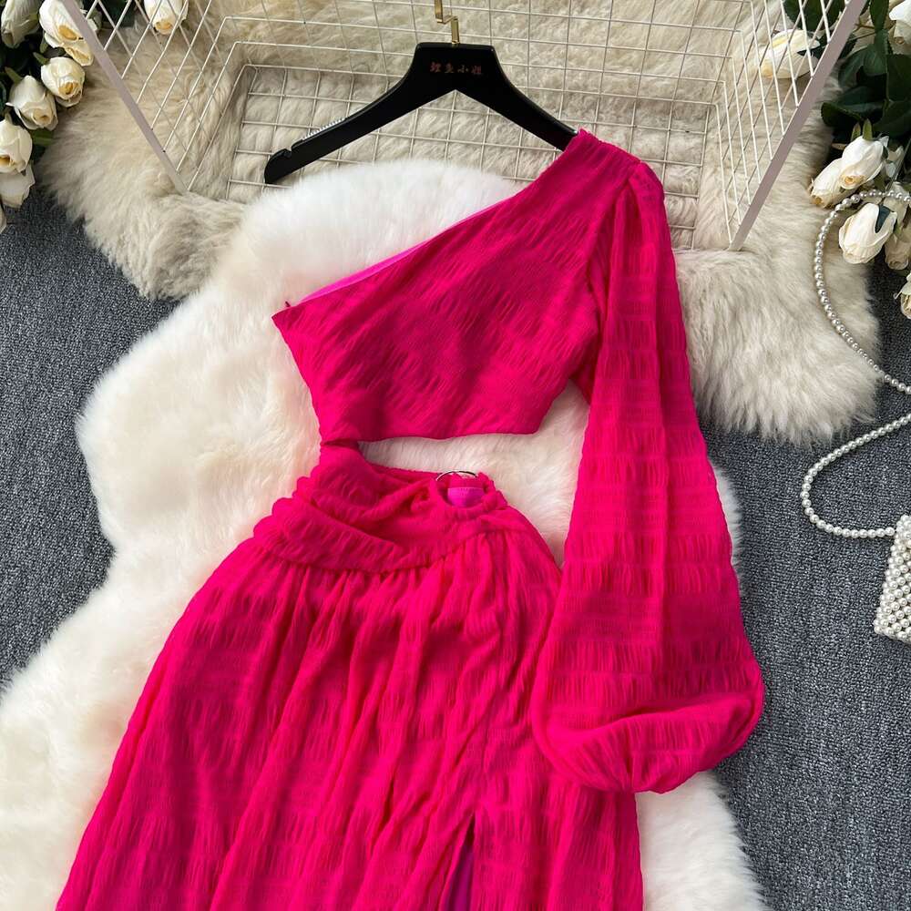 Royal Sister Goddess Style High end Dress Sexy Mind Machine Hollow out Diagonal Collar Off the Shoulder Split Waist French Holiday Dress
