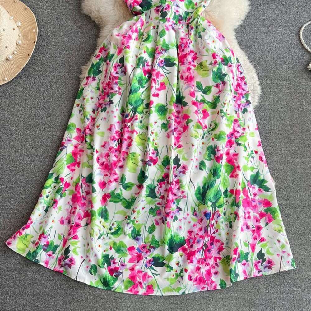 High end and socialite temperament strapless long dress with gentle style waist tightening and slimming effect A-line printed chiffon dress for summer