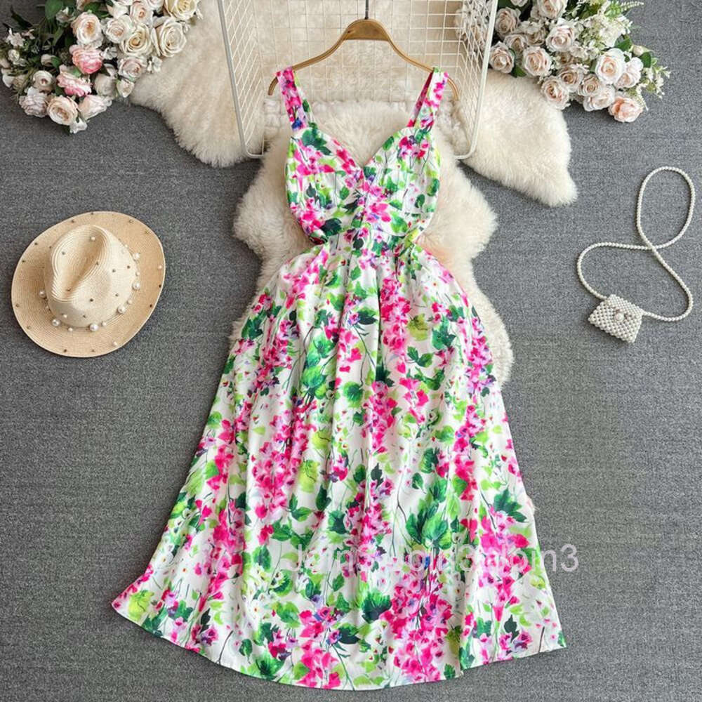 High end and socialite temperament strapless long dress with gentle style waist tightening and slimming effect A-line printed chiffon dress for summer