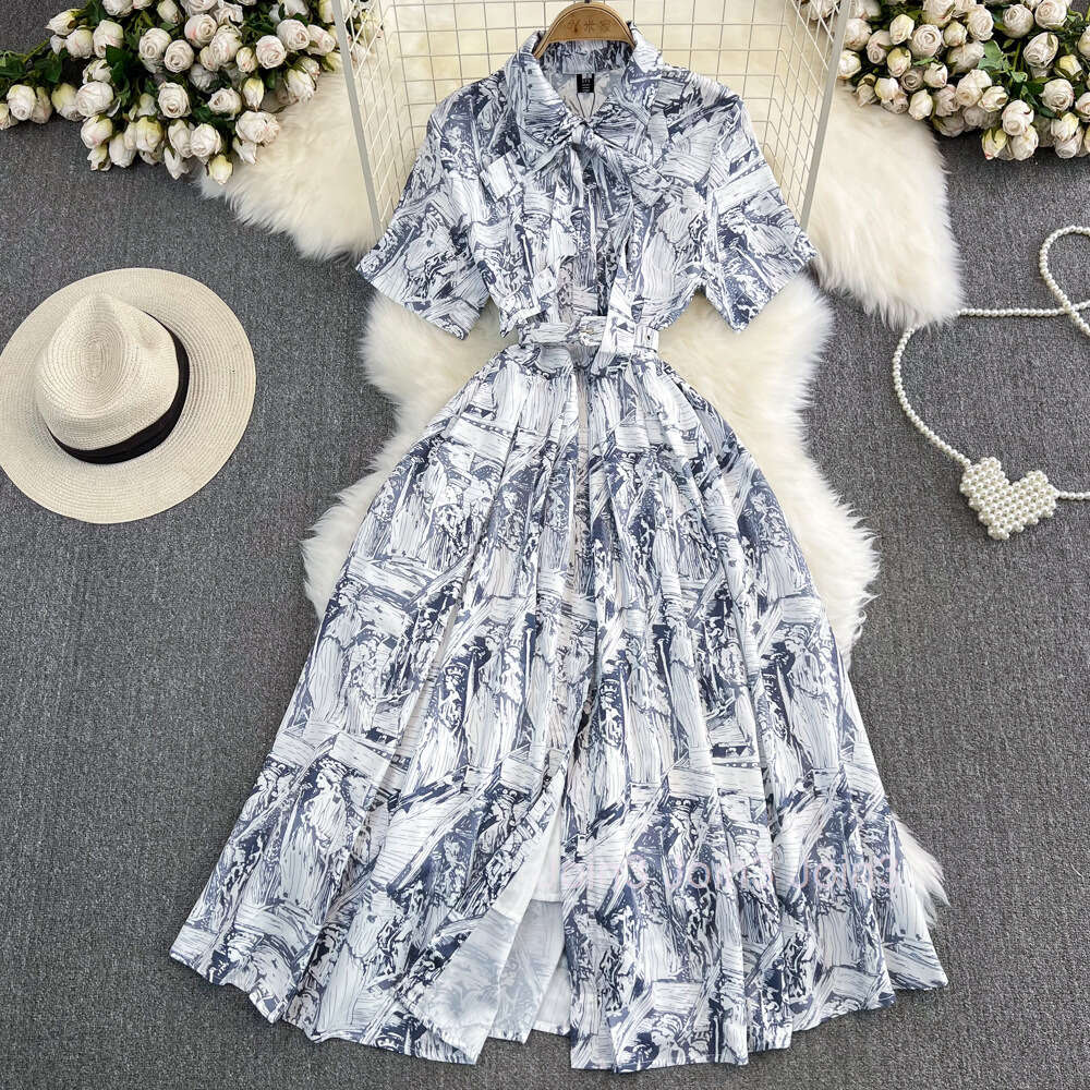 High quality short sleeved lapel with waistband and slim single breasted A-line printed shirt dress elegant large hem long skirt